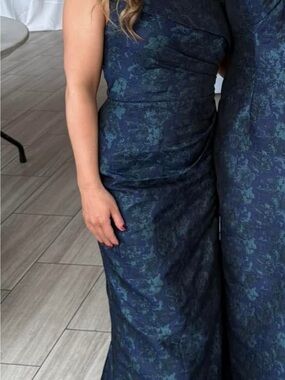 Navy Blue Floral Jacquard One-Shoulder Gown